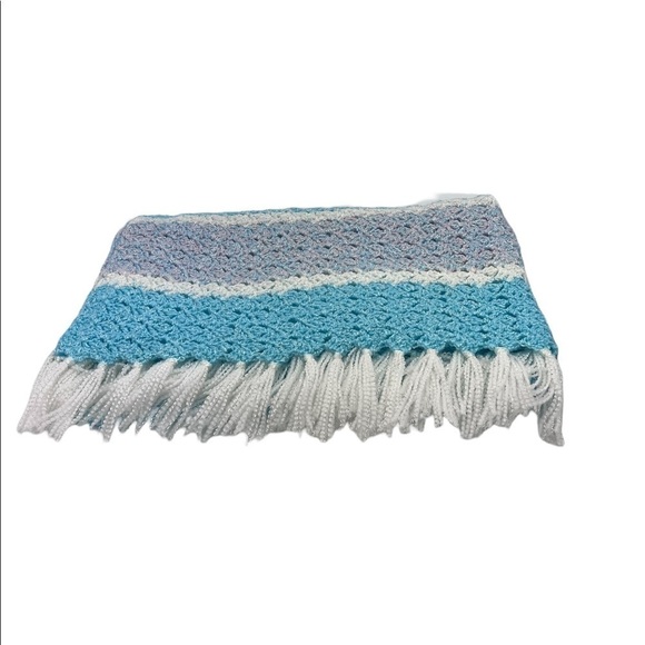 Handcrafted Crochet Soft Blanket Throw Baby Fringe Pink Blue Aqua Cream Cottage - Picture 1 of 6